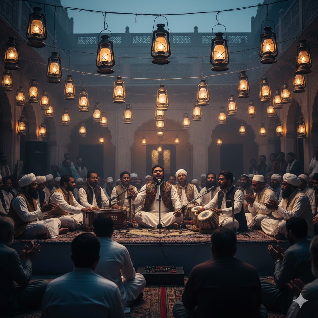 qawwal ensemble performing traditional Sindhi waee at a Sufi mehfil in Hyderabad under lantern light