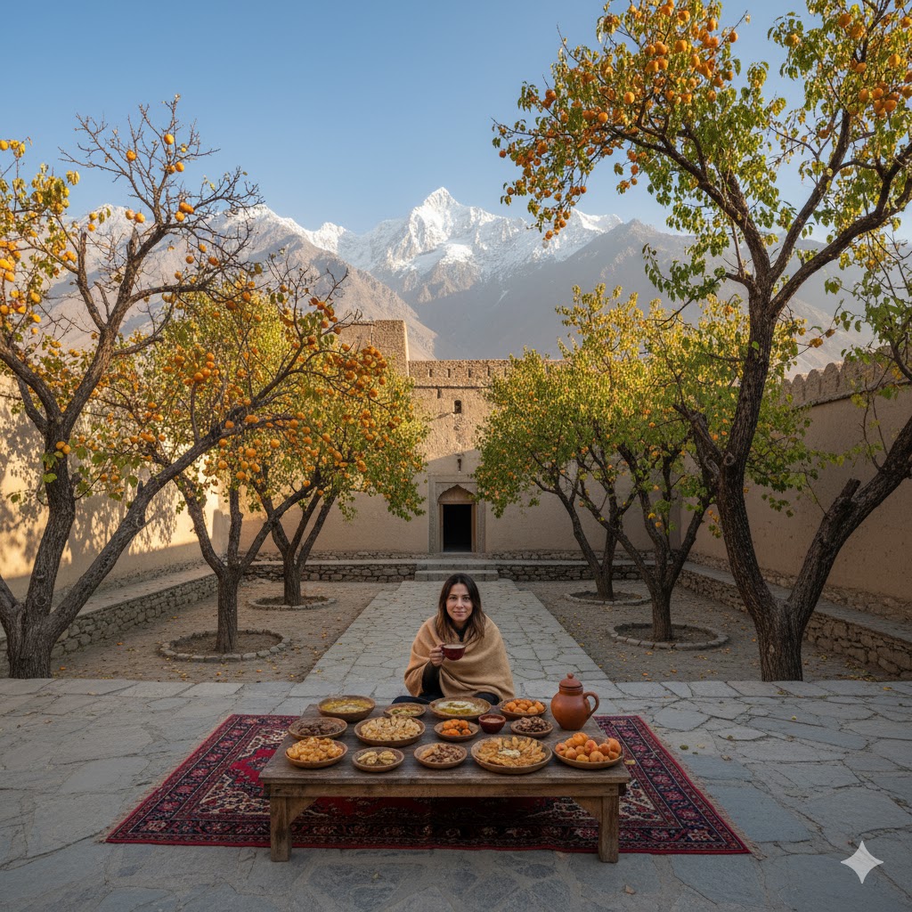 raveler dining at open-air table surrounded by apricot trees in Skardu Fort courtyard