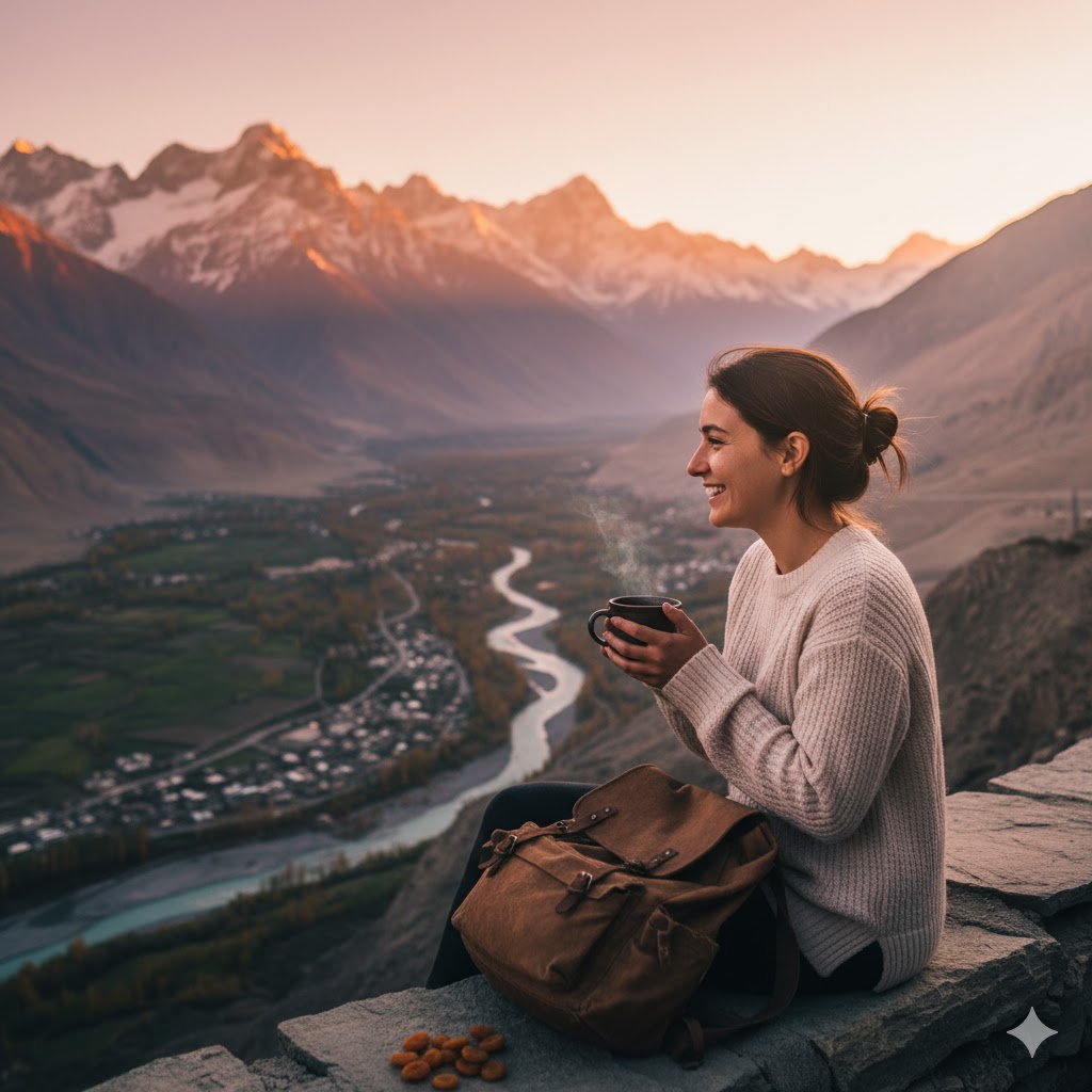 raveler smiling with cup of tea overlooking Skardu Valley at sunset