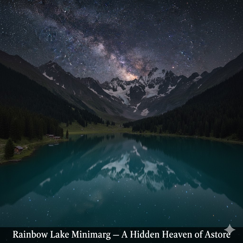 realistic Night sky reflecting in Rainbow Lake, showing stars and surrounding pine silhouettes.
