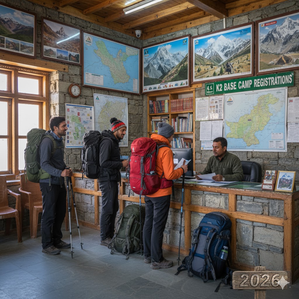 realistic group of trekkers registering at Skardu tourism office before K2 Base Camp trek 2026