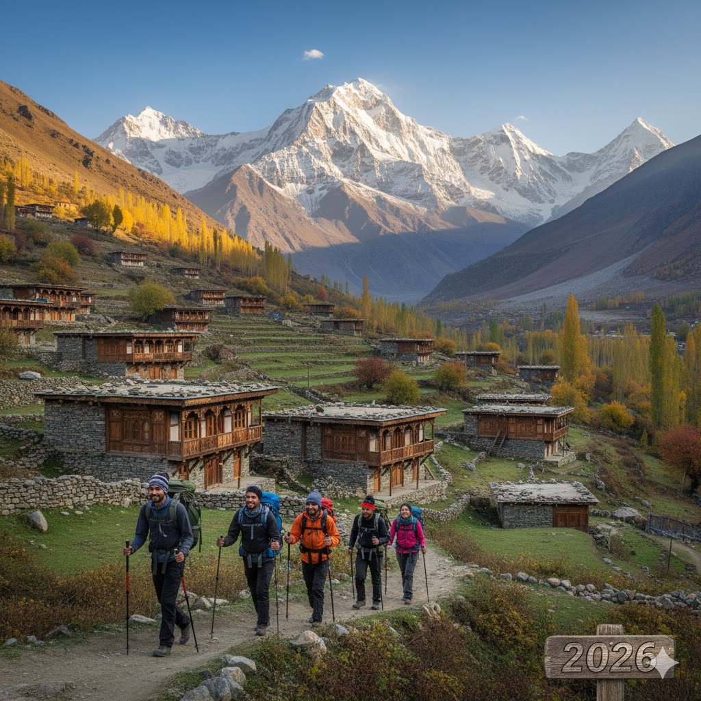 realistic trekkers walking through Kalash Valley with traditional wooden houses and Tirich Mir peak in background 2026