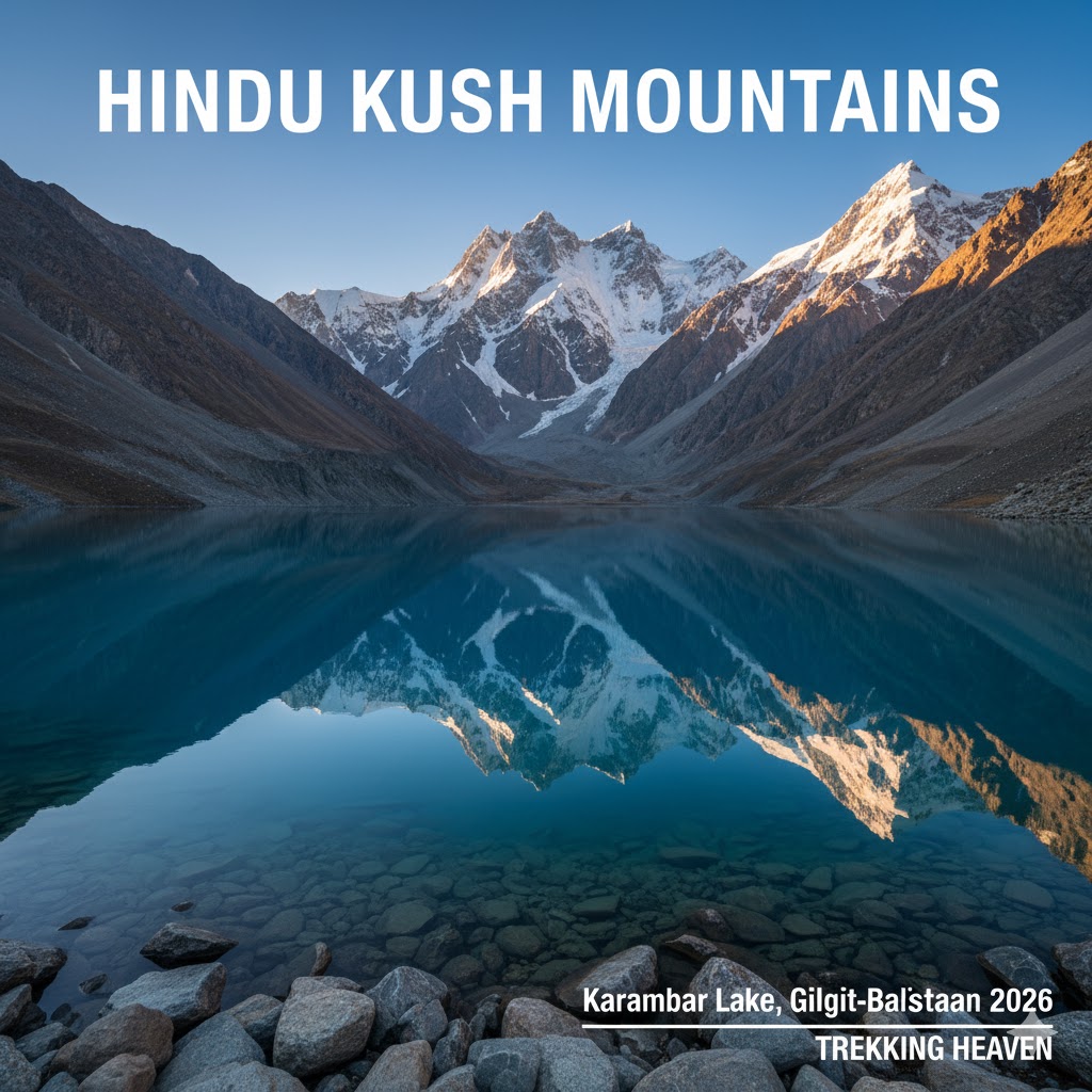 reflection of Hindu Kush mountains on the clear blue Karambar Lake, Gilgit-Baltistan 2026