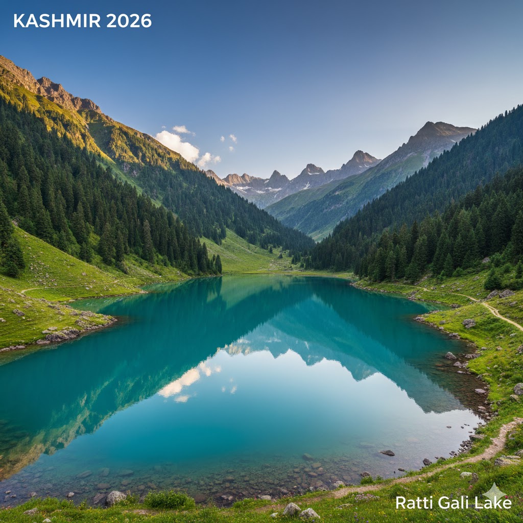 reflection of mountains in Ratti Gali Lake under clear blue sky, Kashmir 2026