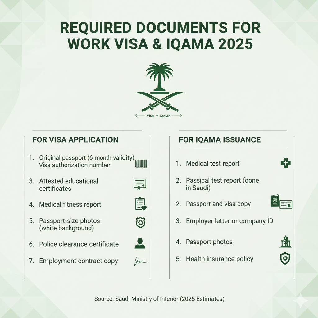 required documents for a work visa and Iqama 2025