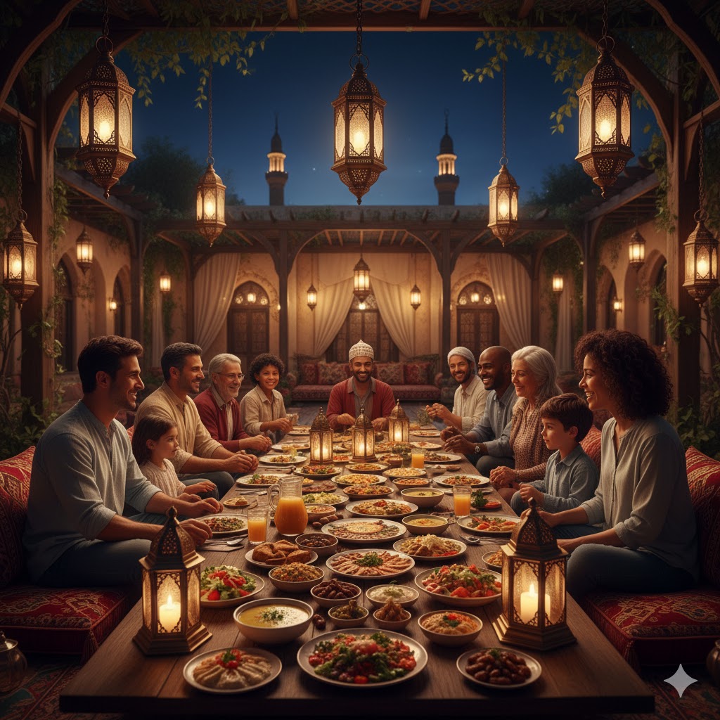sharing traditional iftar meal with lanterns during Ramadan evening