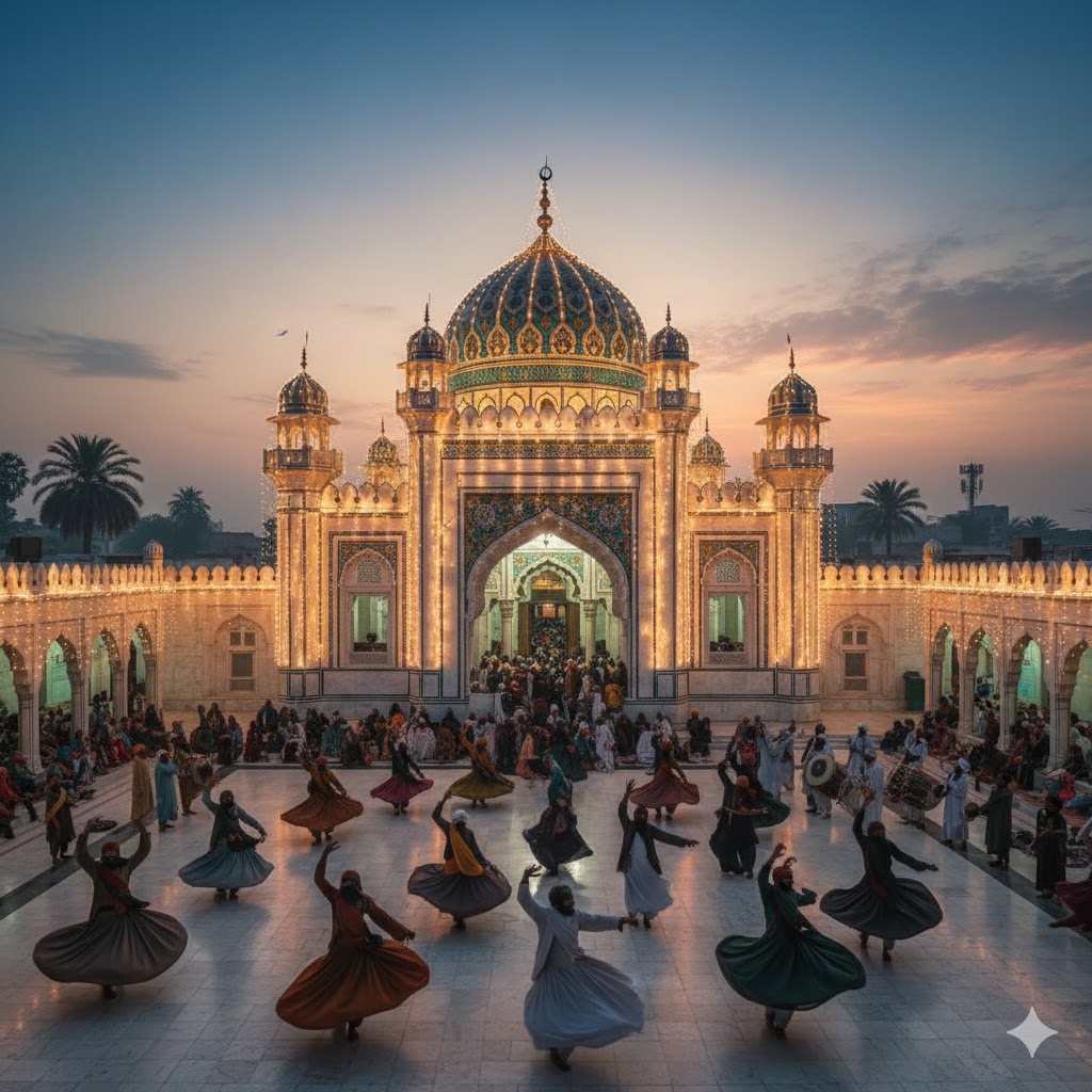 shrine of Shah Abdul Latif Bhittai in Bhit Shah, illuminated at dawn with devotees performing dhamaal in the courtyard