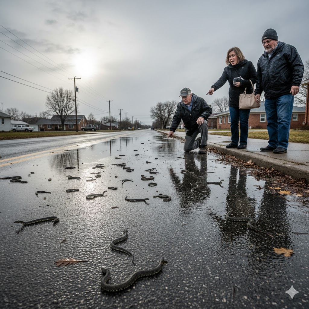 snake rain event, showing residents observing small snakes on a wet road after a storm