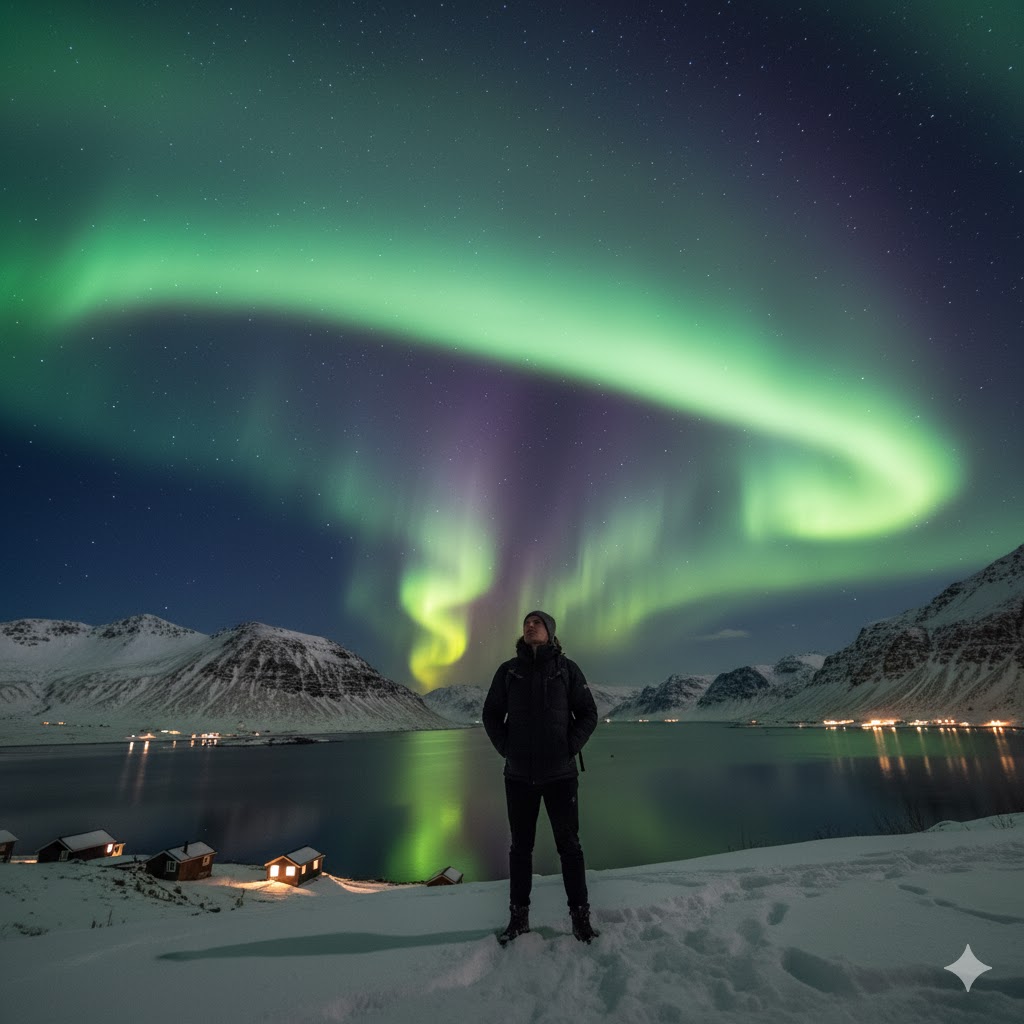 solo traveler under northern lights in Iceland