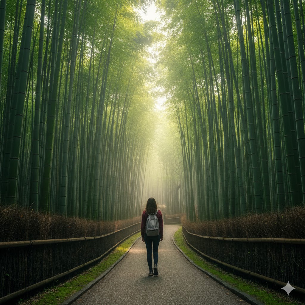 solo traveler walking through Kyoto bamboo forest in Japan