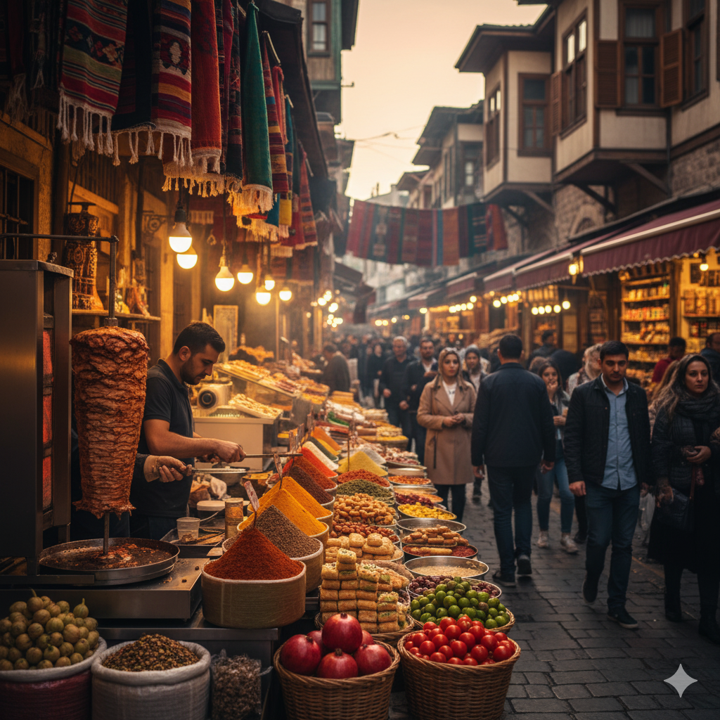 souvenir stalls, handcrafted Dervish figurines, Rumi-inspired jewelry, and local delicacies