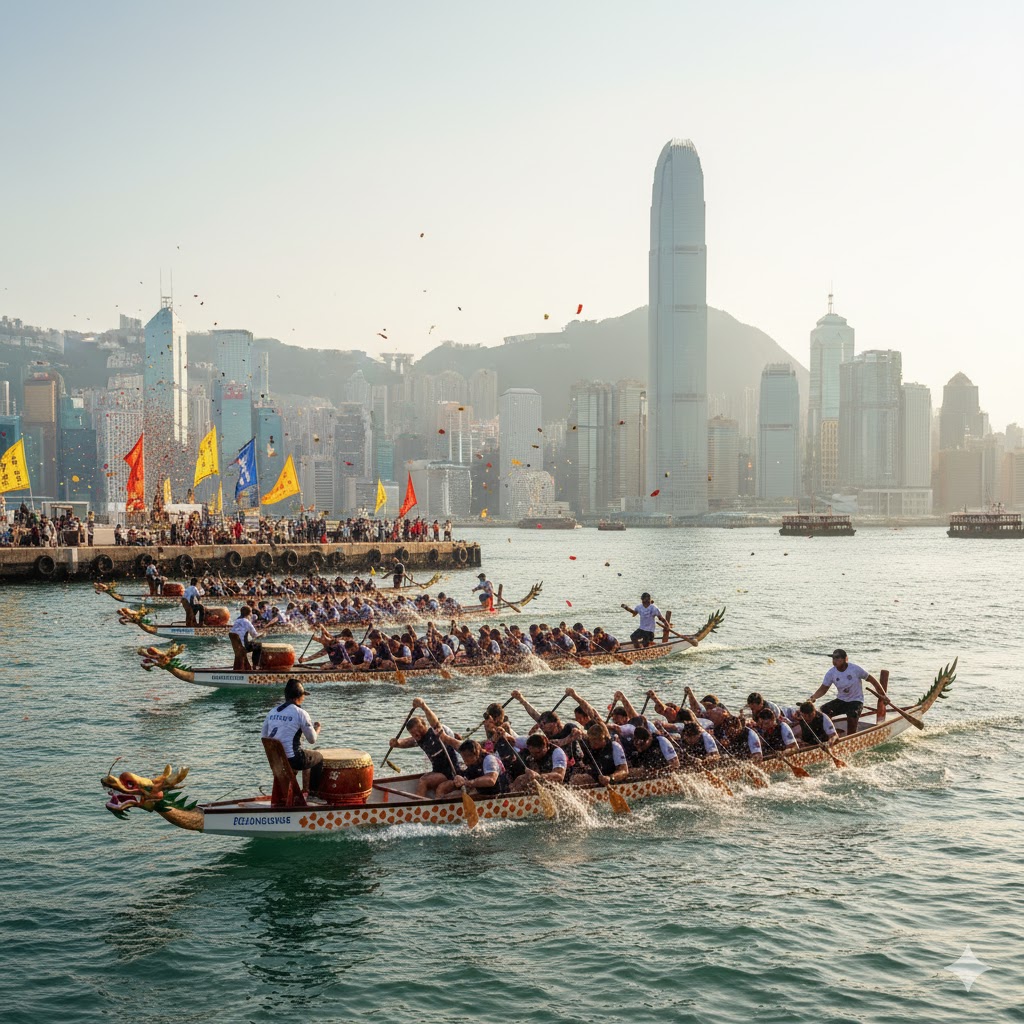 teams rowing dragon boats on Hong Kong harbor during festival competition