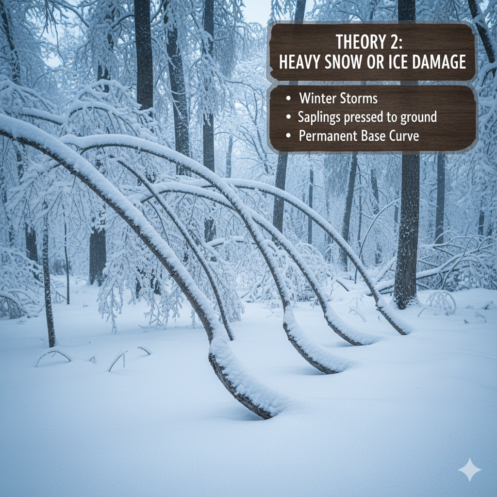 theory of heavy snow or ice damage causing tree curvature