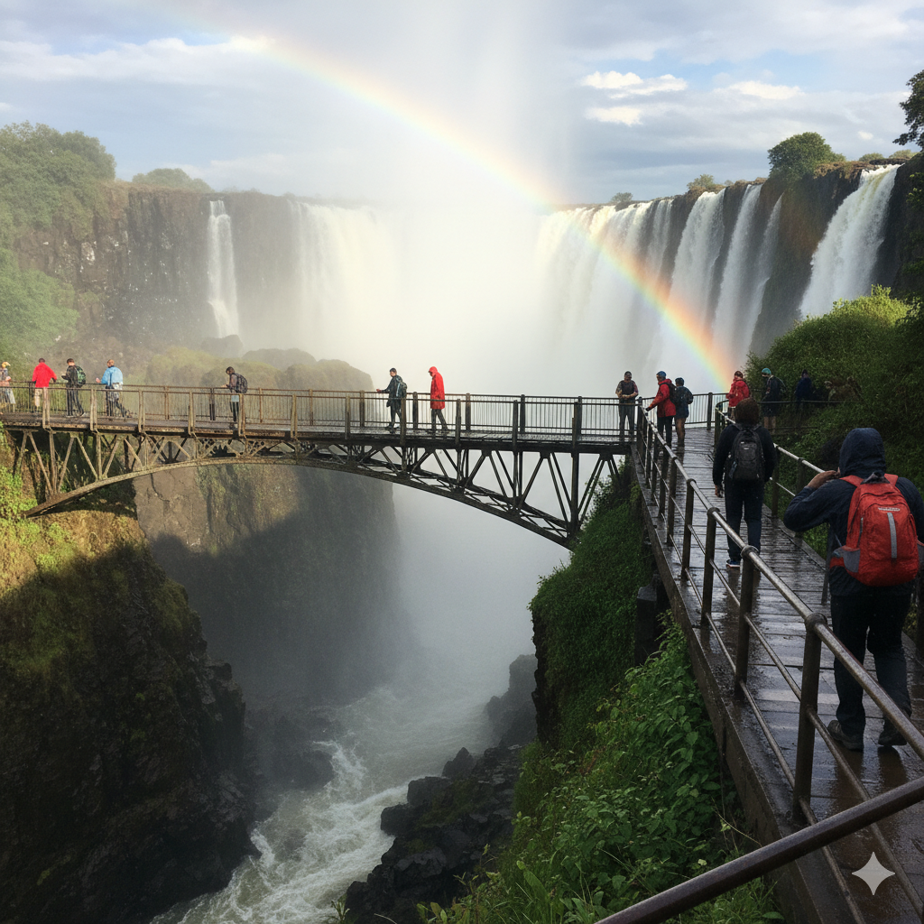 tourists walking across the Knife-Edge Bridge at Victoria Falls