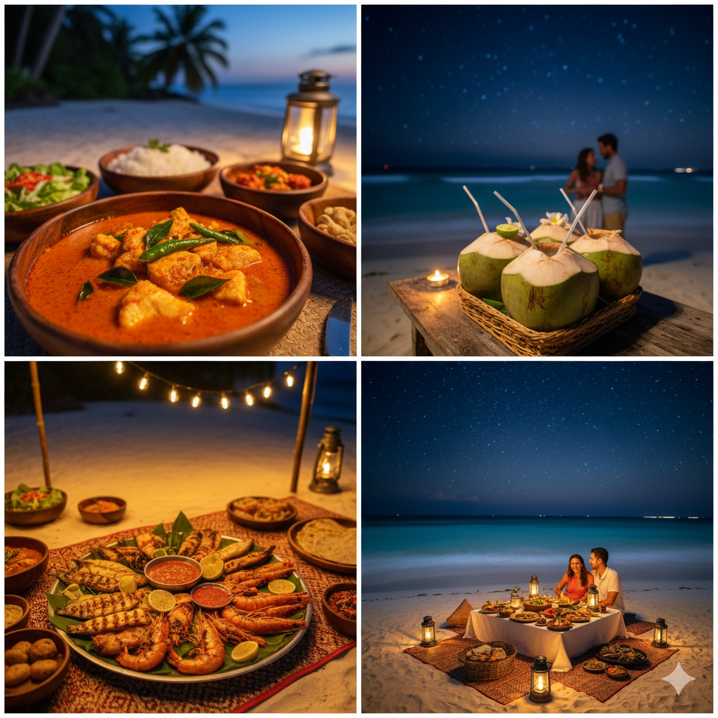 Traditional Maldivian seafood dinner at Vaadhoo Island’s glowing beach