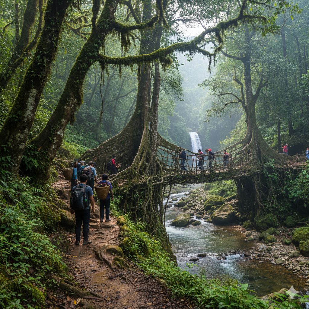 Travelers trekking to the Living Root Bridges near Cherrapunji