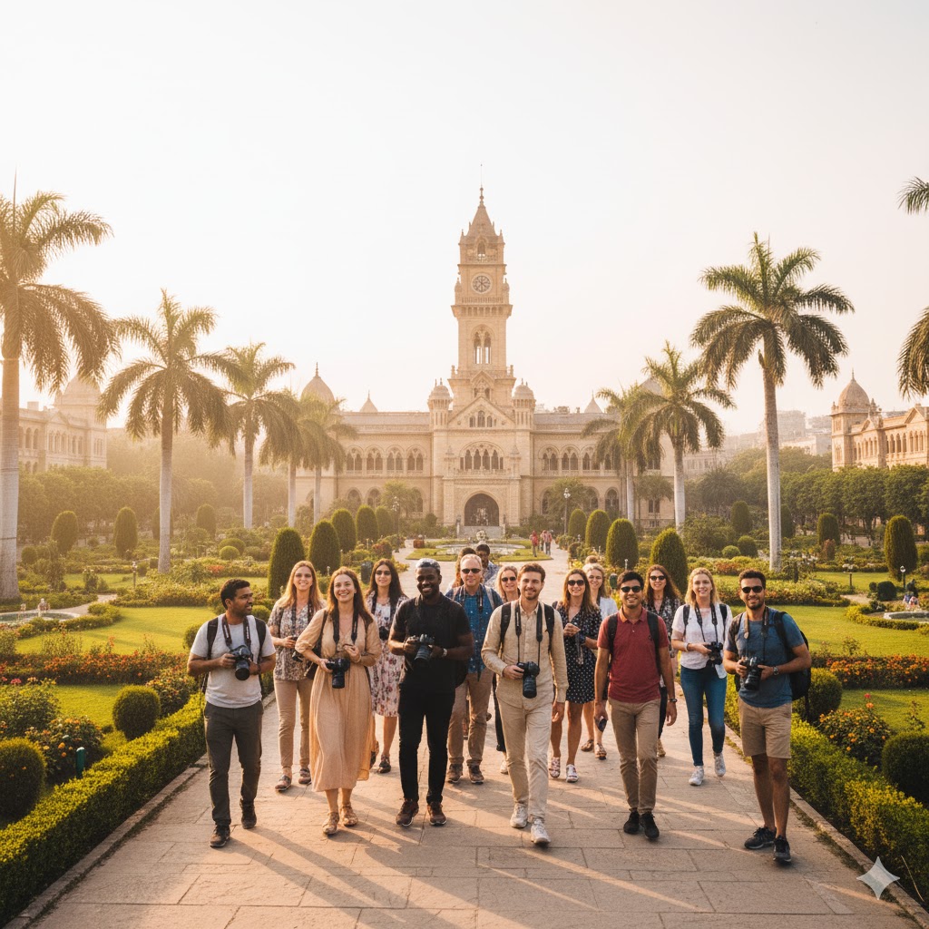travelers walking near Frere Hall gardens with cameras during Karachi heritage walk.