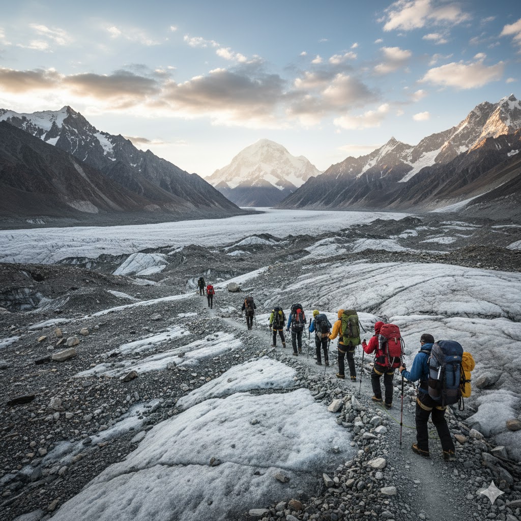 trekkers crossing Baltoro Glacier en route to K2 Base Camp, Gilgit-Baltistan