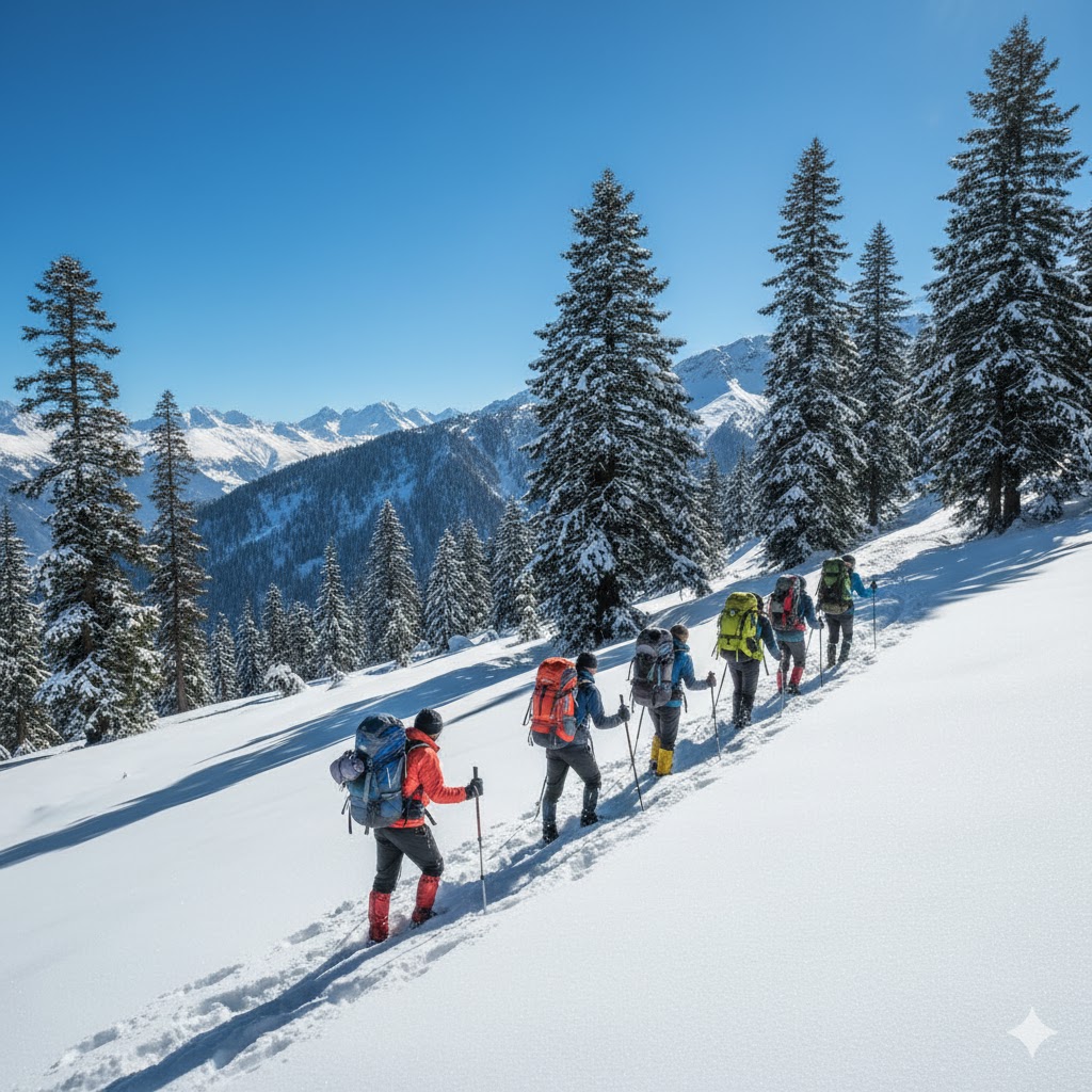 trekkers hiking snowy slopes of Malam Jabba surrounded by pine trees and blue skies — Swat Valley