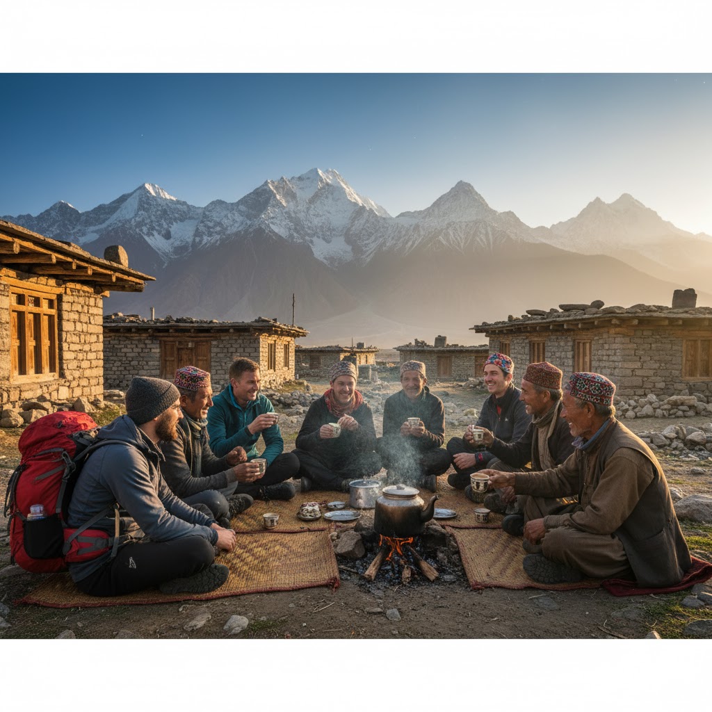 trekkers sharing tea with Balti locals in Skardu village surrounded by stone houses and mountain views