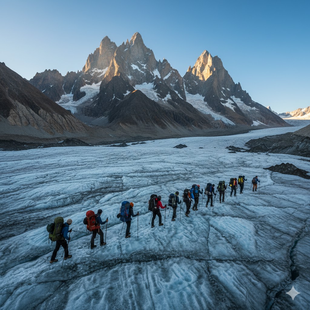trekkers walking across the Batura Glacier with Passu Cones in background, Hunza Valley Pakistan