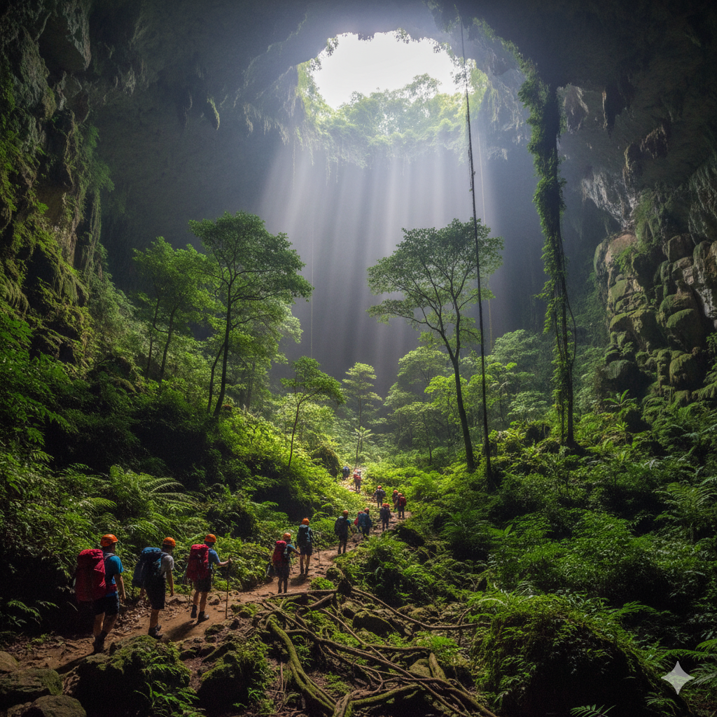 trekkers walking through Son Doong's jungle chamber
