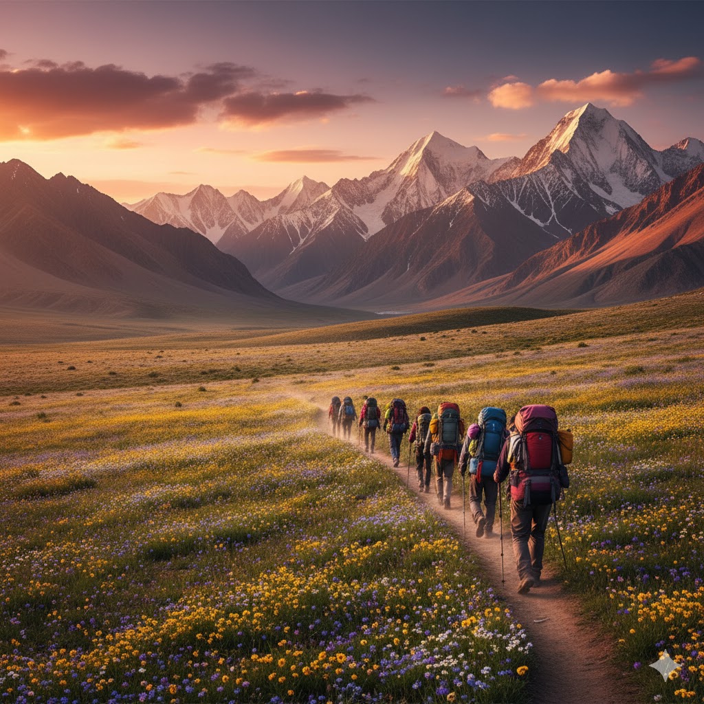 trekkers walking through wildflower fields of Deosai National Park under a sunset sky