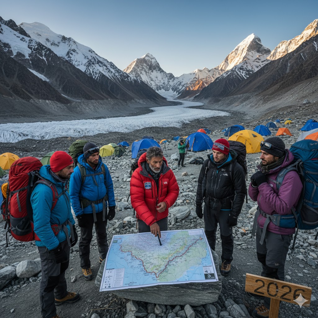 veteran mountaineer giving briefing to new trekkers at Concordia base camp 2026