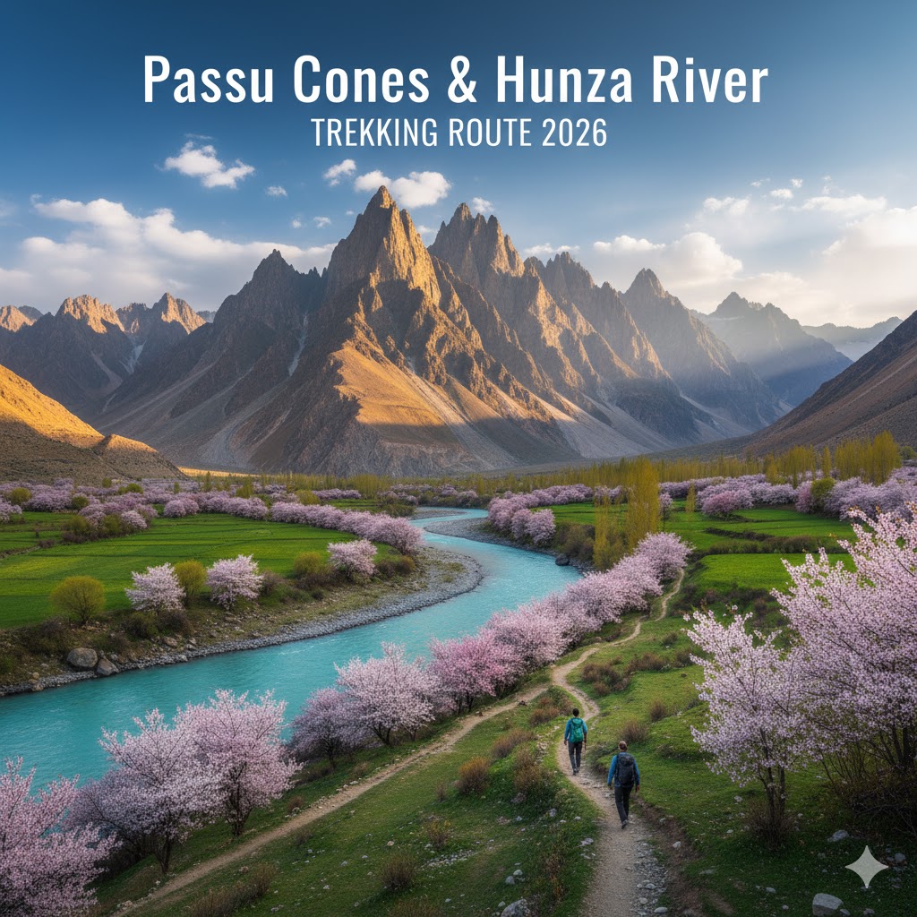 view of Passu Cones and Hunza River surrounded by spring blossoms — trekking route 2026