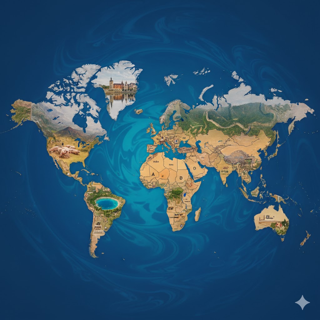 world map collage showcasing famous landmarks from countries A to C