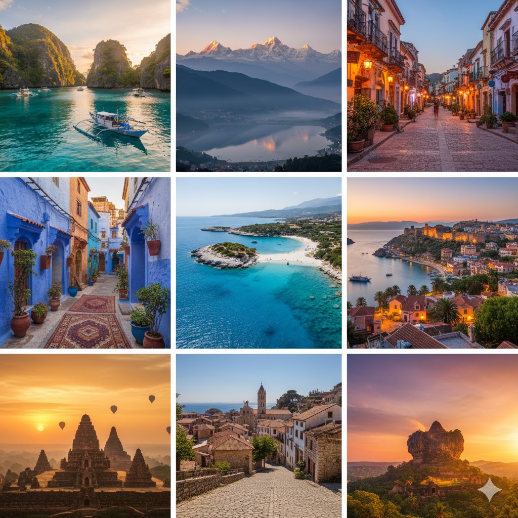 A collage of budget-friendly destinations showing beaches, mountains, villages, and ancient landmarks glowing during golden hour.