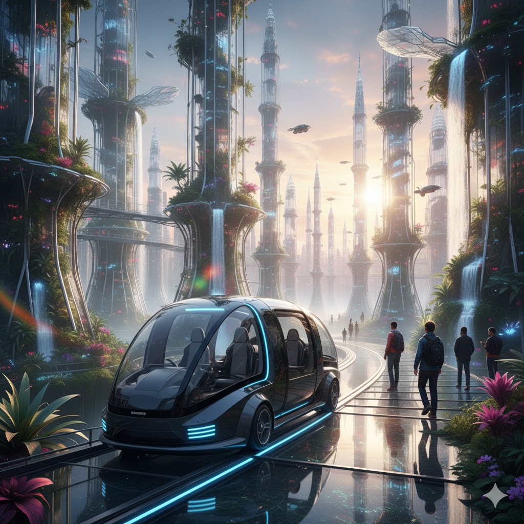 A self-driving shuttle entering Torenza city center.