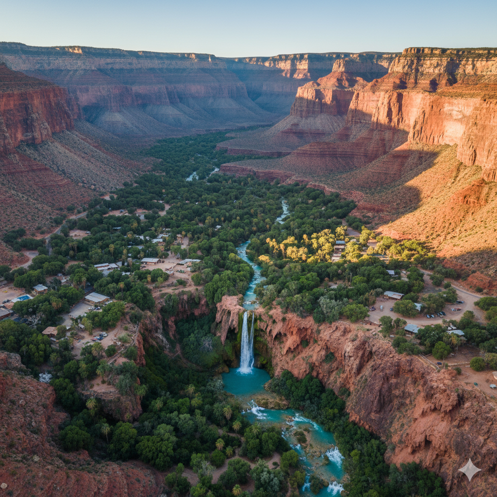 Supai village hidden in Grand Canyon landscape near creek