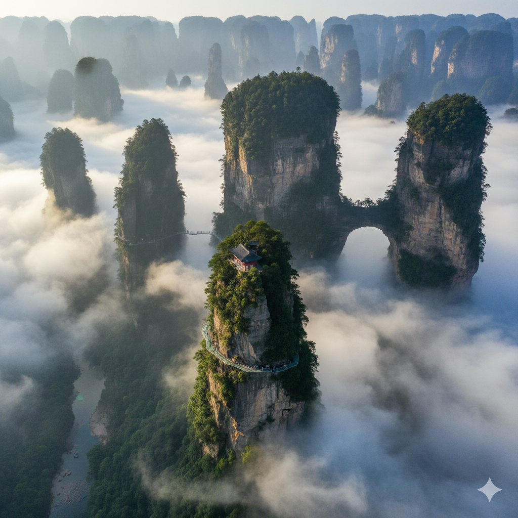 Aerial view floating mountains Zhangjiajie