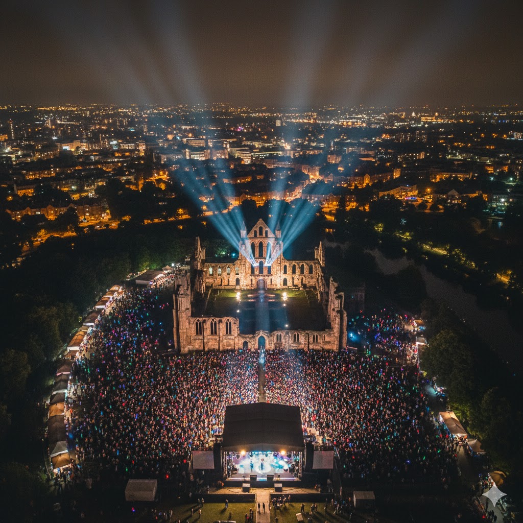 Aerial view of Kirkstall Abbey and surrounding Leeds area during the festival. Aerial view of Kirkstall Abbey and surrounding Leeds area during the festival.