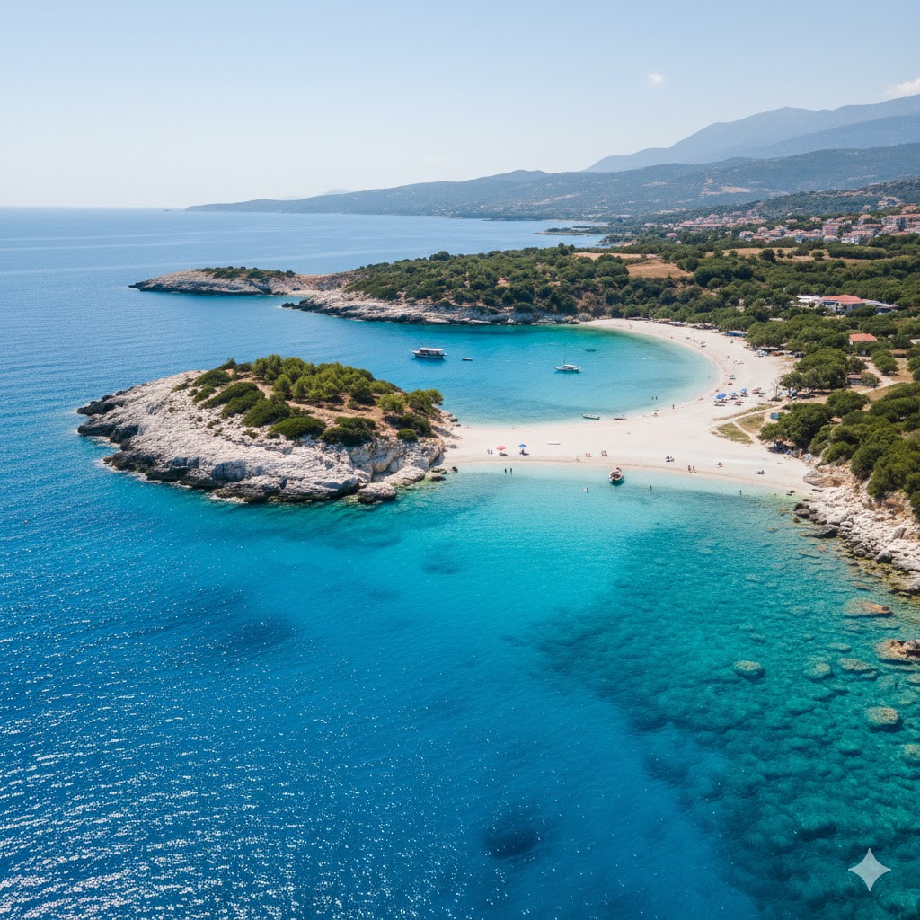 Albanian Riviera coastline with crystal blue water and white sandy beaches under bright sun.