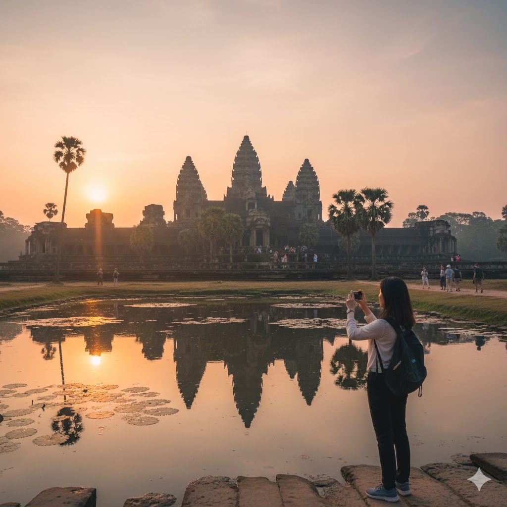Angkor Wat reflected in water at sunrise, representing culture-rich, safe, and affordable travel for women