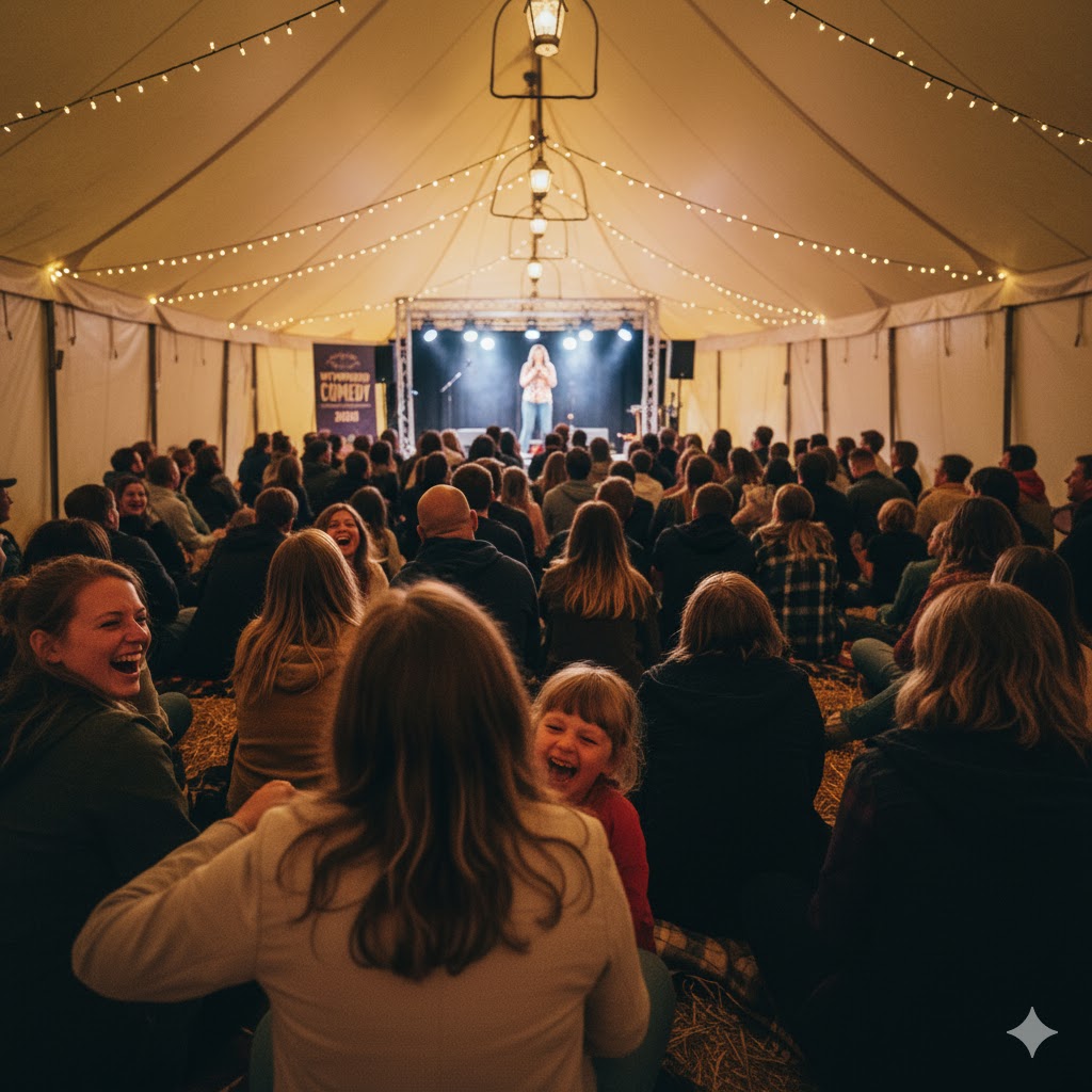 Audience laughing during a live stand-up set at the festival’s comedy tent.
