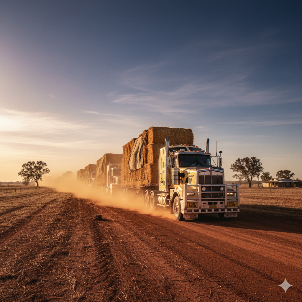 Aussie Hay Runners trucks delivering bales across rural Australia 