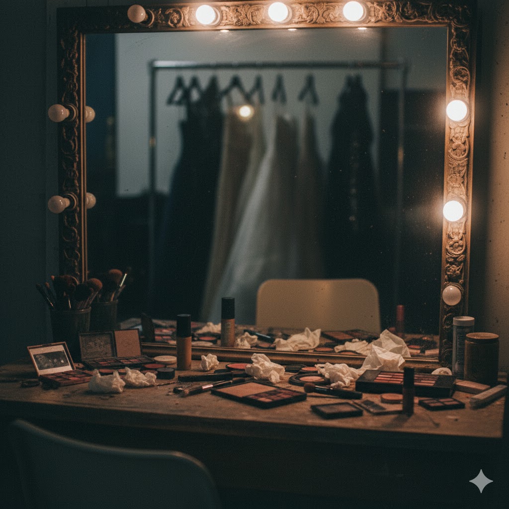 Backstage dressing table with makeup, tissues, and dim lighting.
