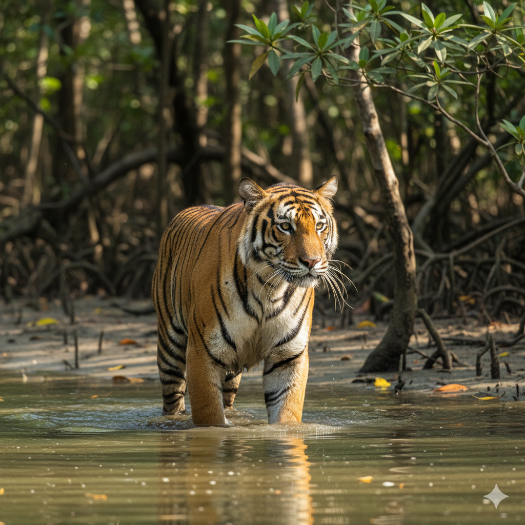 Bengal tiger stealthily walking through Sundarbans water channels