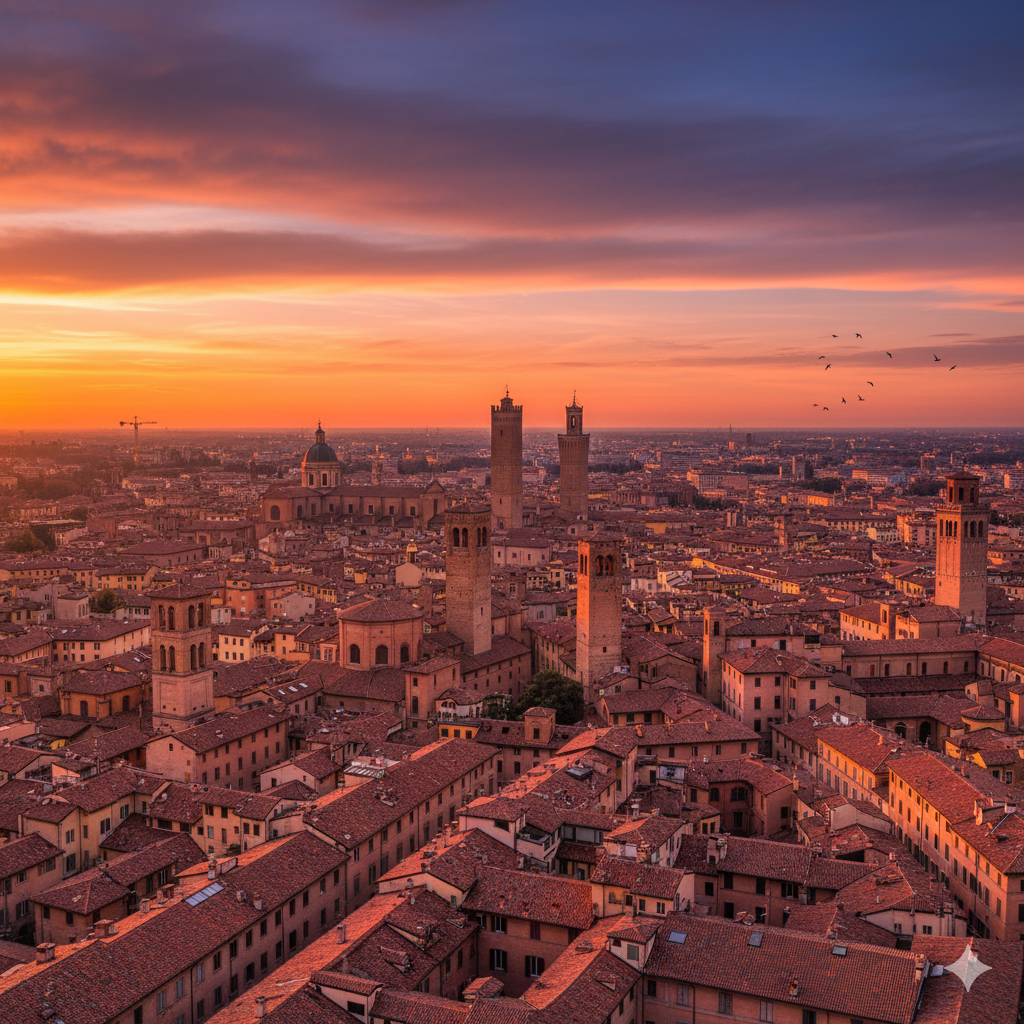 Bologna skyline sunset red rooftops
