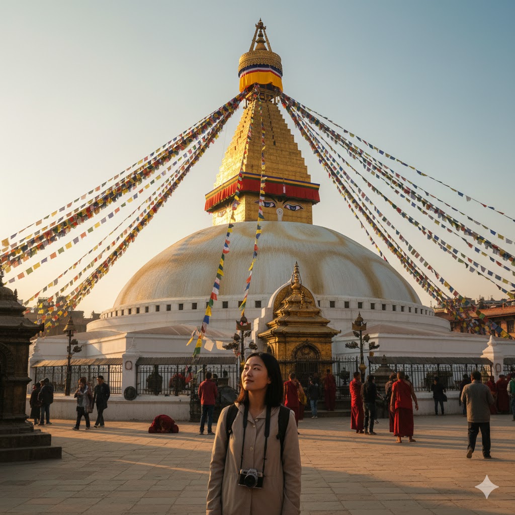 Boudhanath Stupa with prayer flags fluttering, symbolizing Nepal’s spiritual and peaceful travel experience for women
