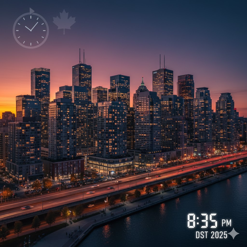 Canadian office skyline at dusk showing extended business hours under daylight saving time 2025