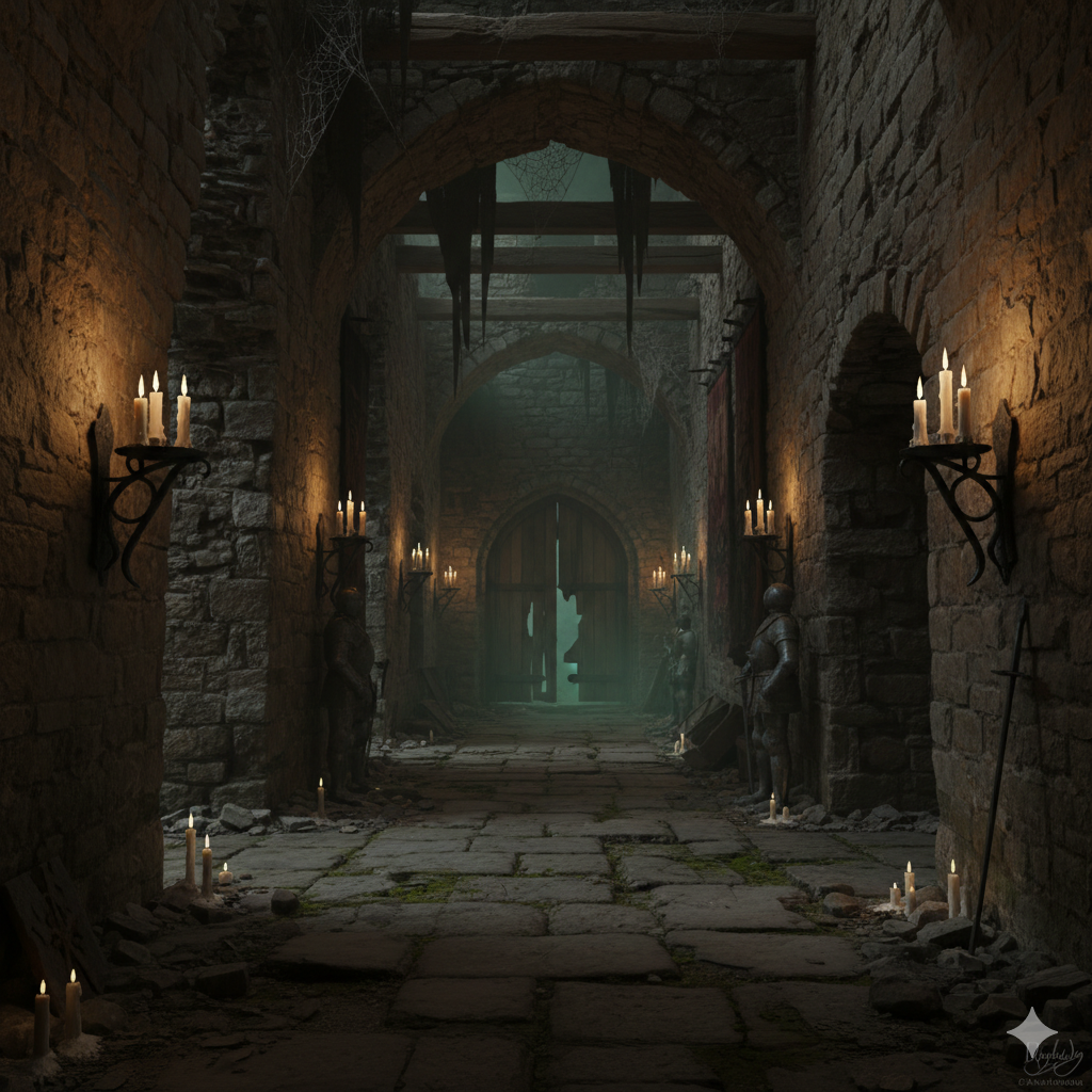 Candlelit corridor inside haunted Scottish castle
