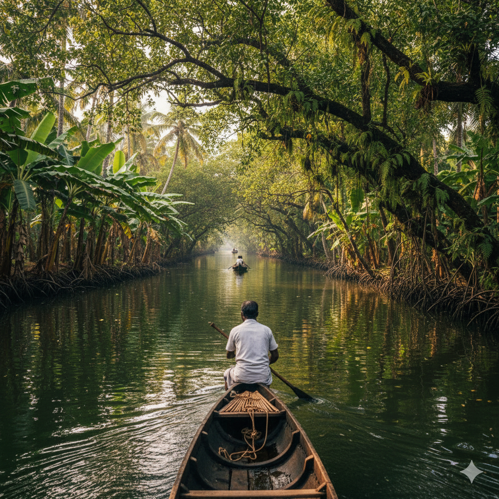 Canoe tour through lush water canals Kerala