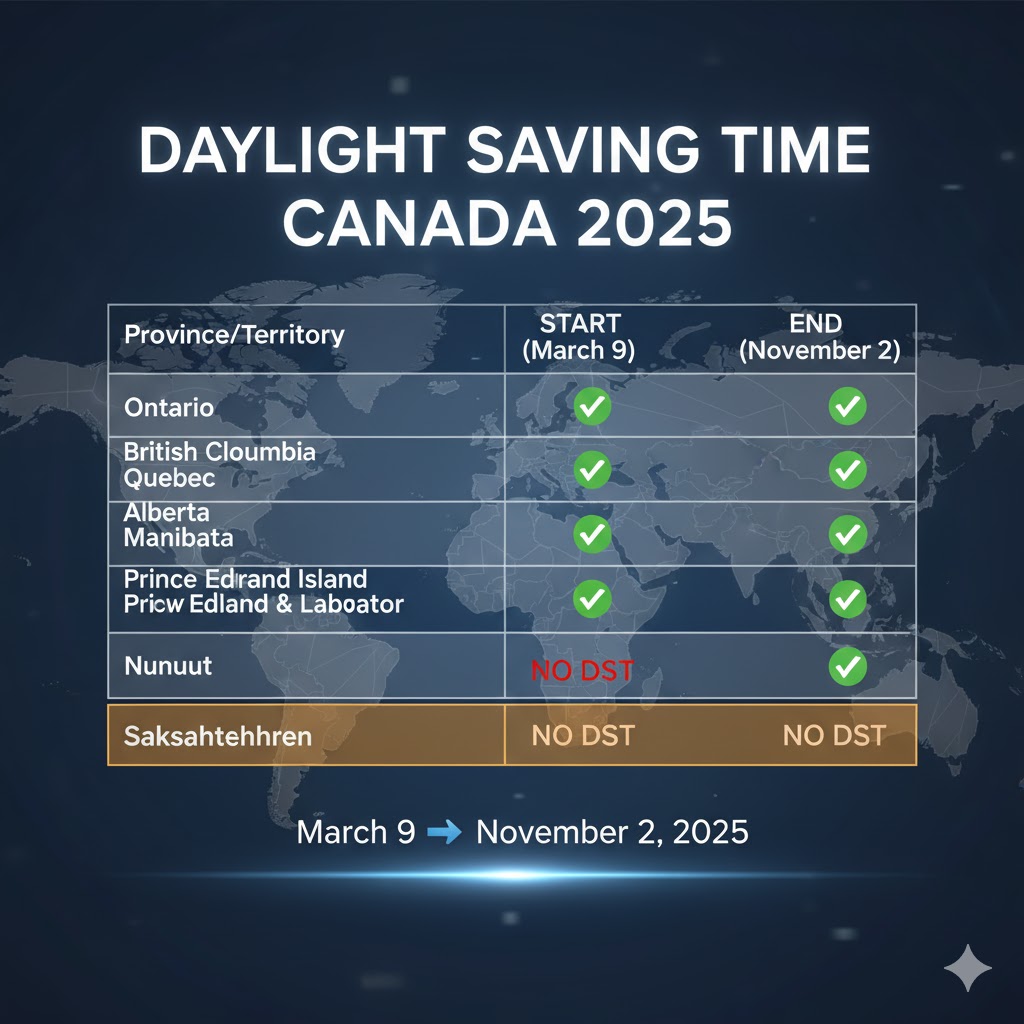 Chart displaying daylight saving start and end dates in Canada for 2025