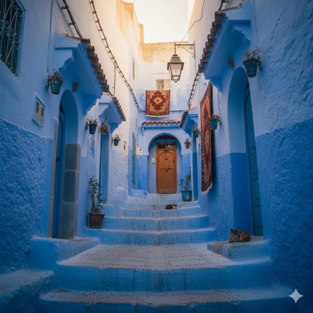 Chefchaouen’s blue alleyways glowing under soft mountain light.