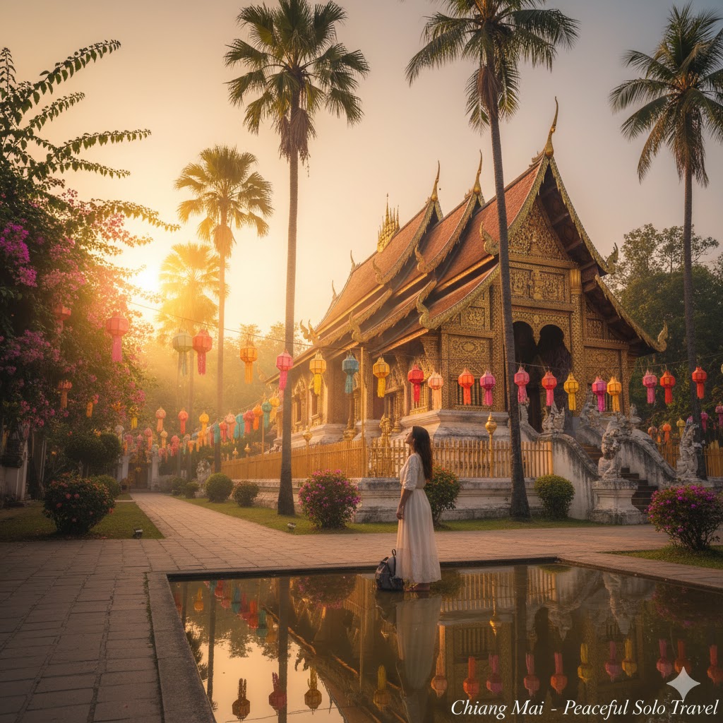 Chiang Mai temple and lanterns glowing at sunset symbolizing peaceful solo travel