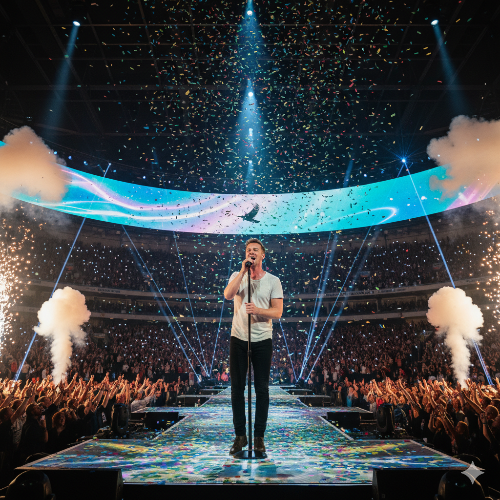 Chris Martin singing during a Coldplay concert